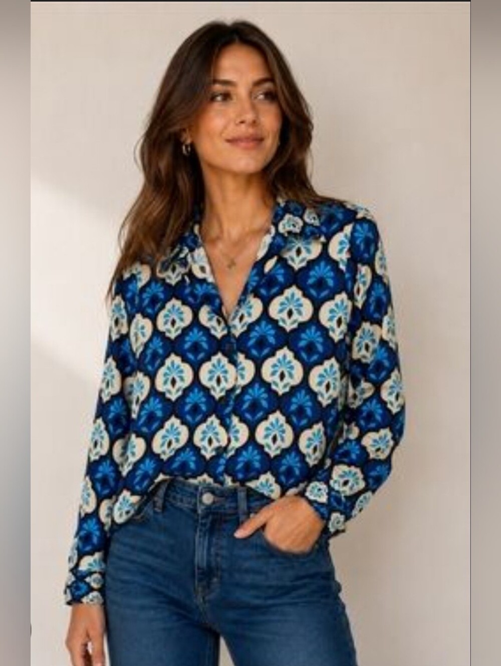 Zara Womens Blue Floral Print Button-Up Blouse